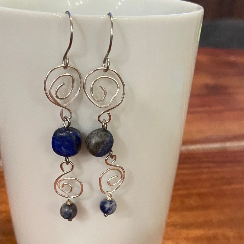 Artisan Silver Swirl Earrings with Blue Stones